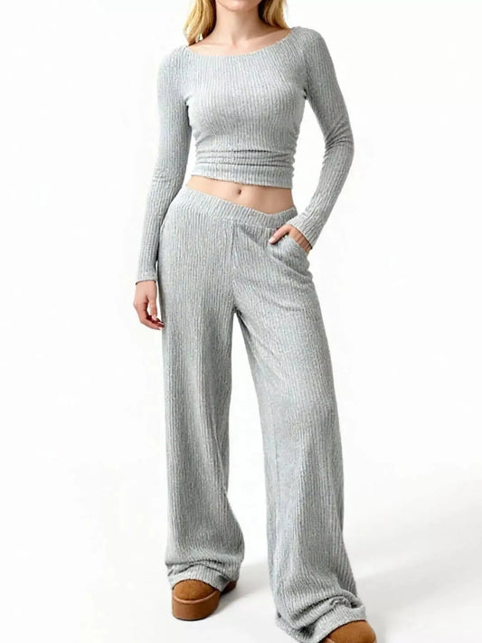 Two Piece Ribbed Knit Round Neck Top And Wide Leg Pants Set Silver Gray Simply Love