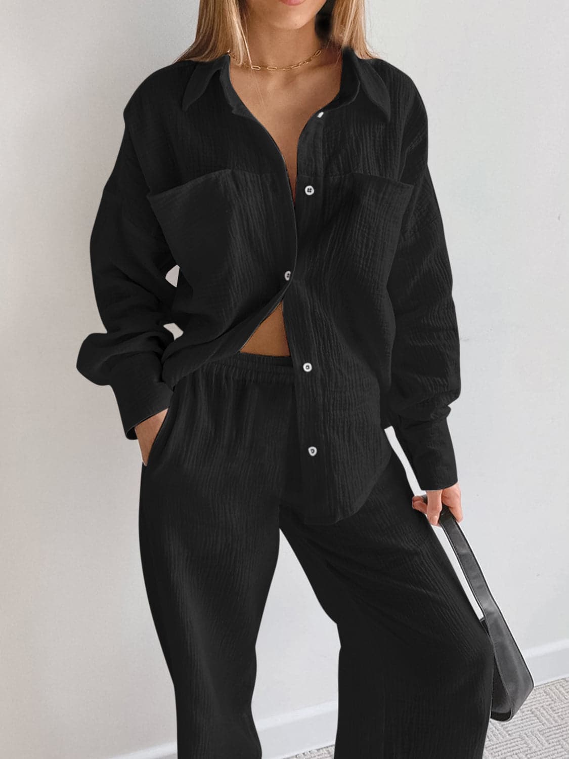 Texture Button Up Long Sleeve Shirt and Pants Set.