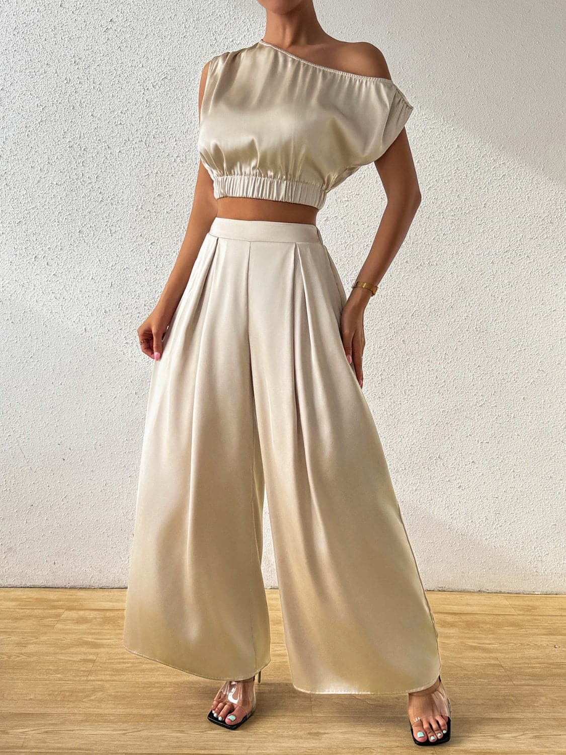 One Shoulder Short Sleeve Top and Wide Leg Pants Set.