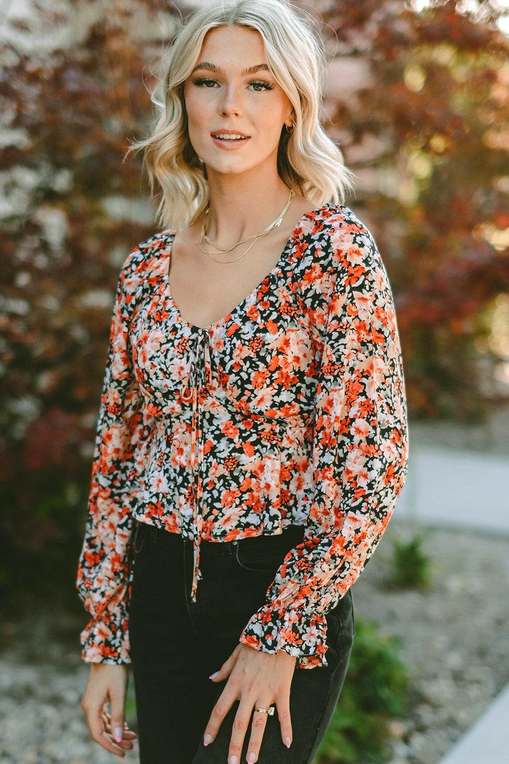 Floral Tied Flounce Sleeve Peplum Blouse.