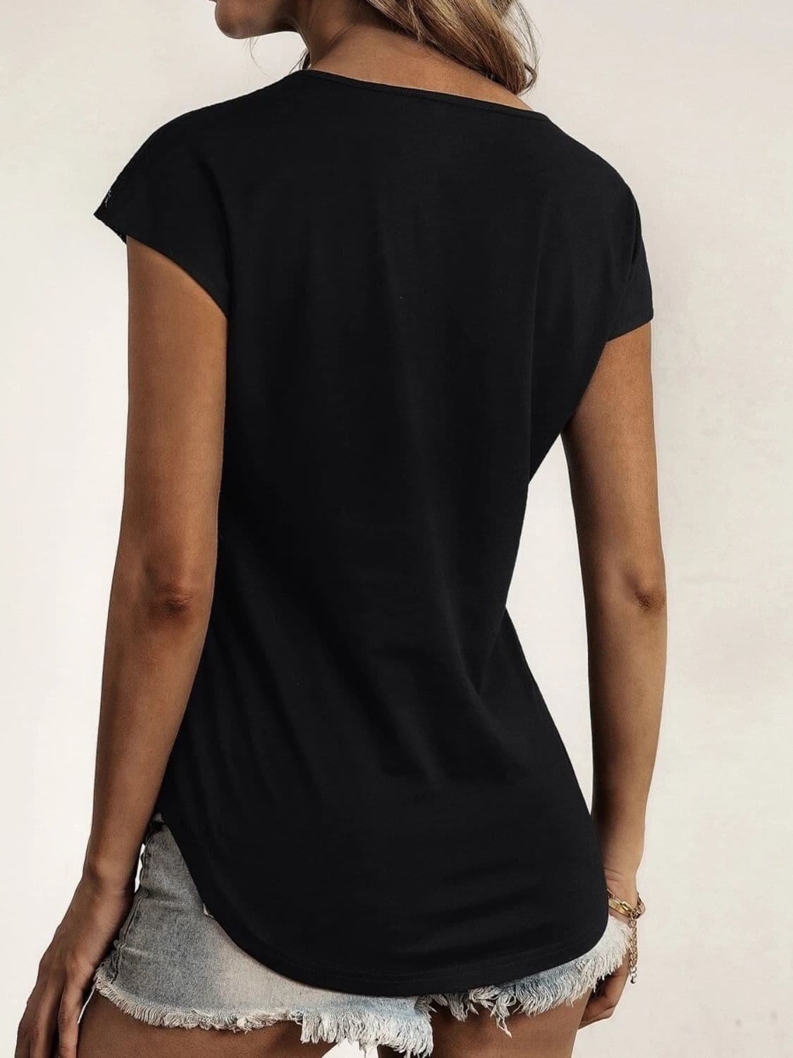 Lace Detail Half Zip Cap Sleeve T-Shirt.