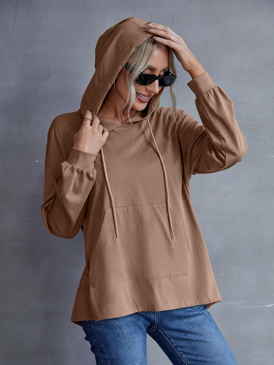 Drawstring Pocketed Dropped Shoulder Hoodie.