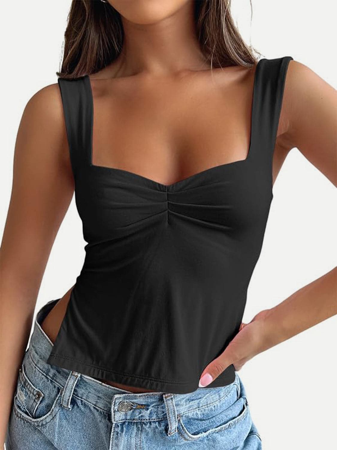 Ruched Sweetheart Neck Wide Strap Tank.