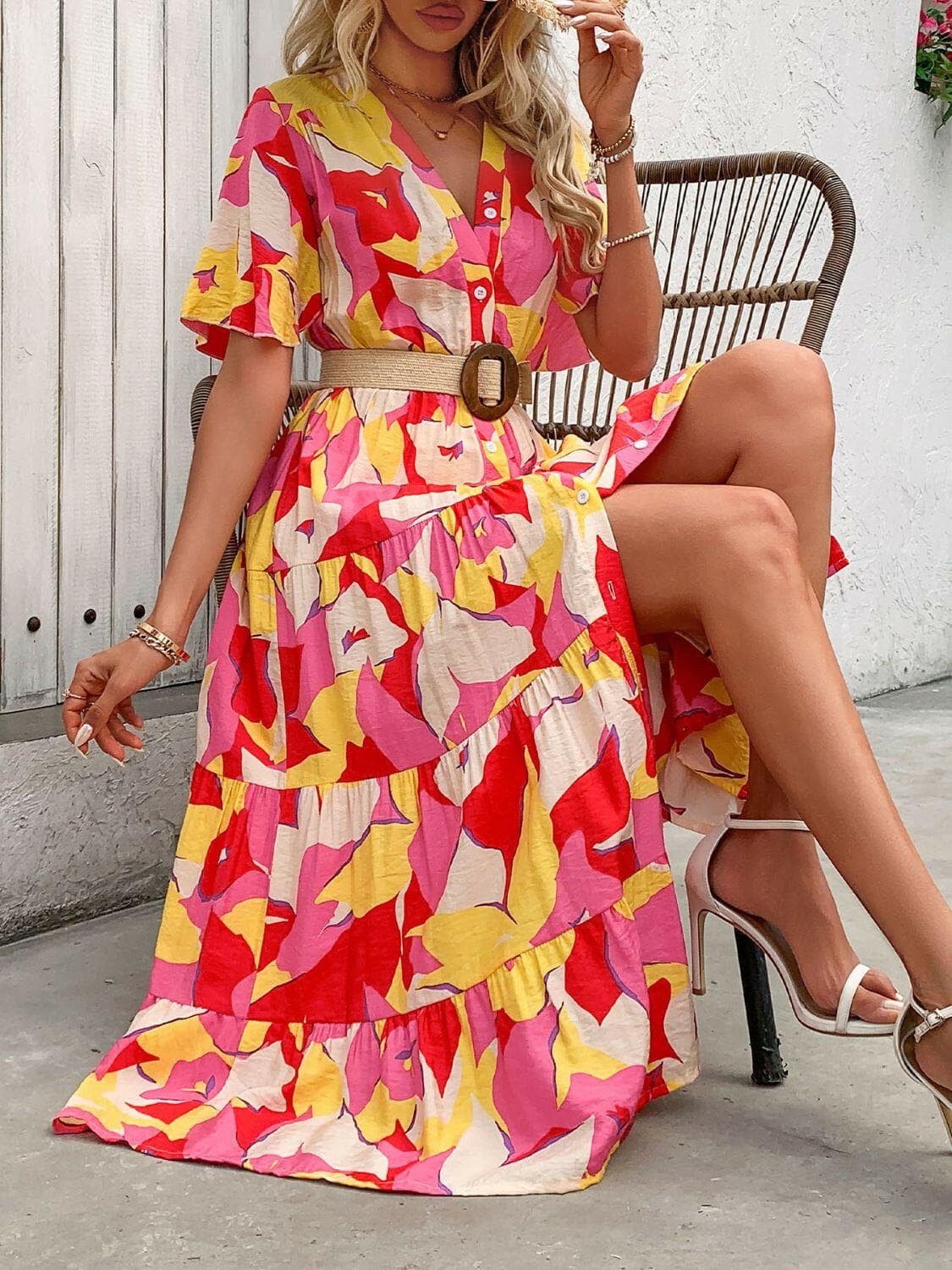 Printed V-Neck Flutter Sleeve Midi Dress.