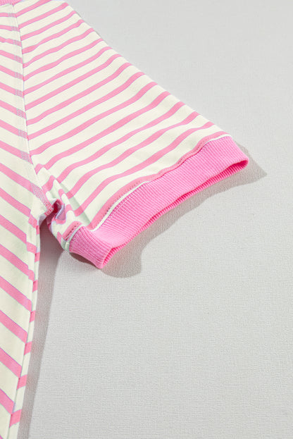 Chic pink stripe oversized patchwork tee for effortless style