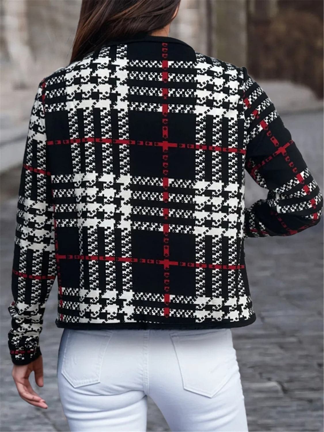 Plaid Open Front Long Sleeve Jacket.