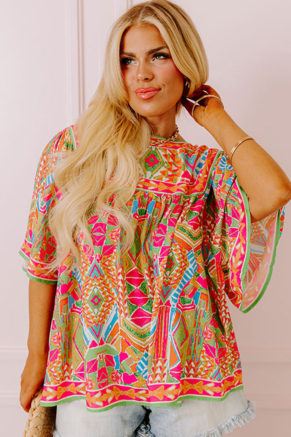 Chic green printed plus size blouse with wide sleeves