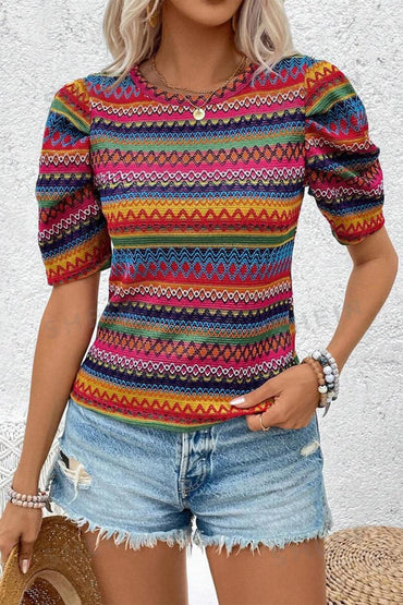 Contrast Round Neck Short Sleeve Blouse.