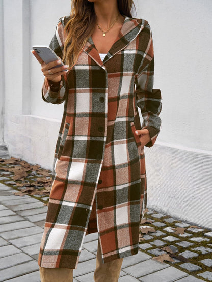 Chic plaid hooded coat with pockets