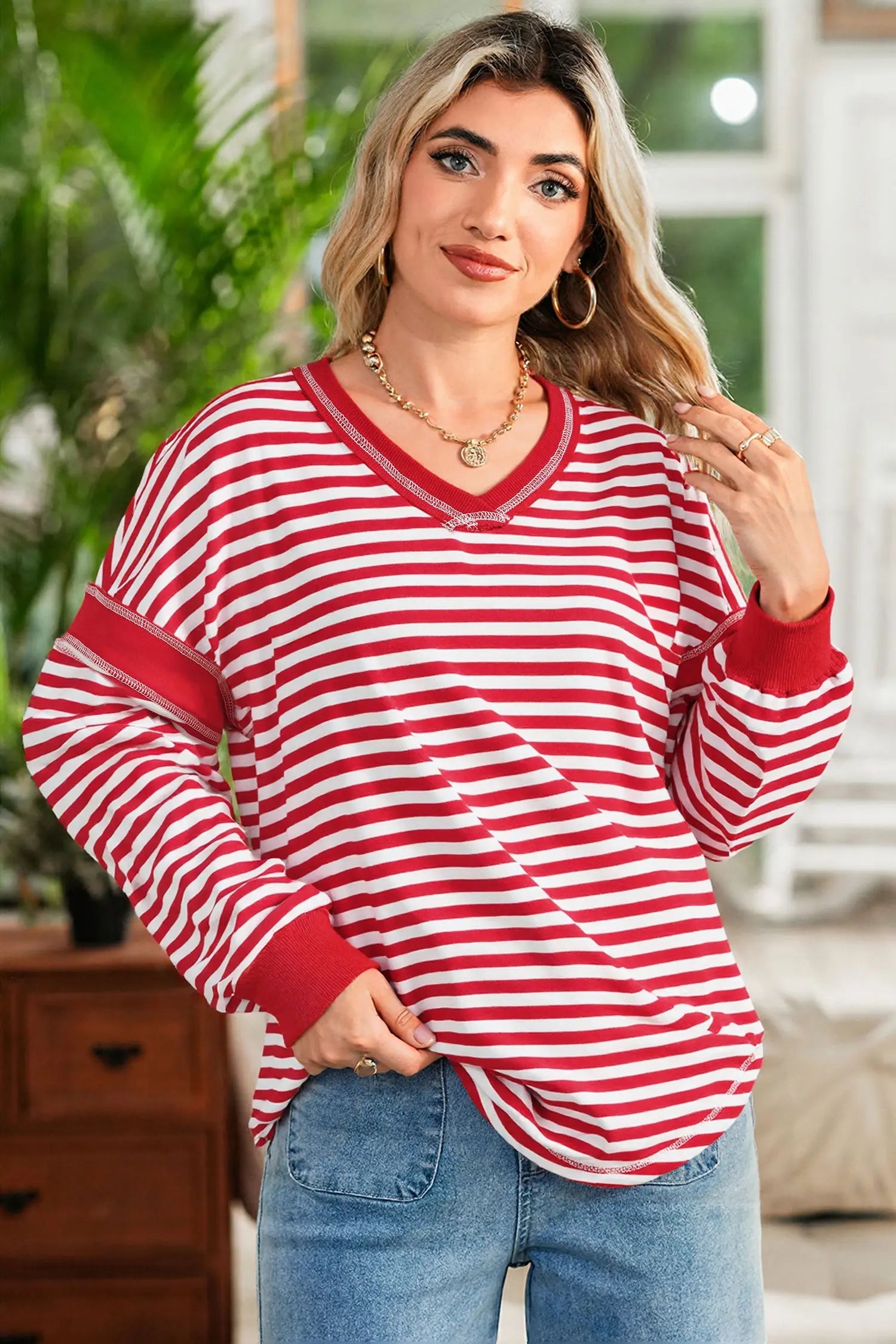 Red Stripe Exposed Seam V Neck Balloon Sleeve Pullover Dear-Lover Dropshipping