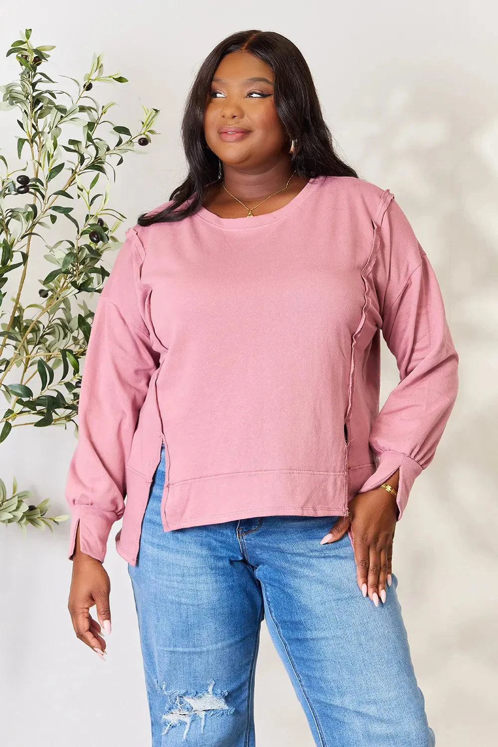 Culture Code Full Size Round Neck Exposed Seam Slit Top Coco’s Tee Boutique