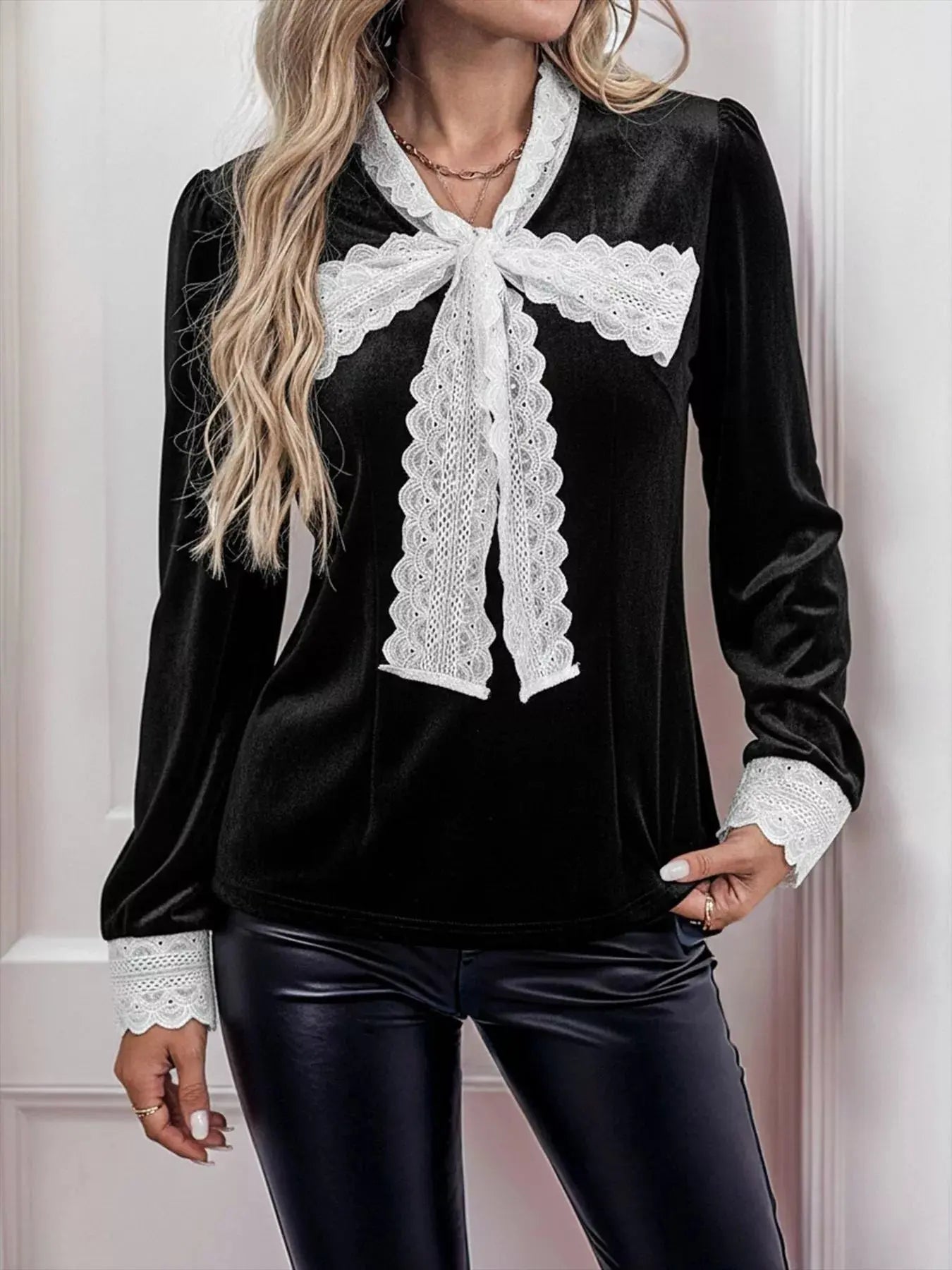 Lace Bow Tie Velvet Blouse Simply Love