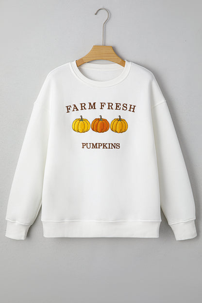 Premium White Farm Fresh Pumpkins Embroidered Holiday Sweatshirt