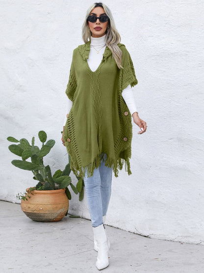 Fringe Trim Buttoned Hooded Poncho.