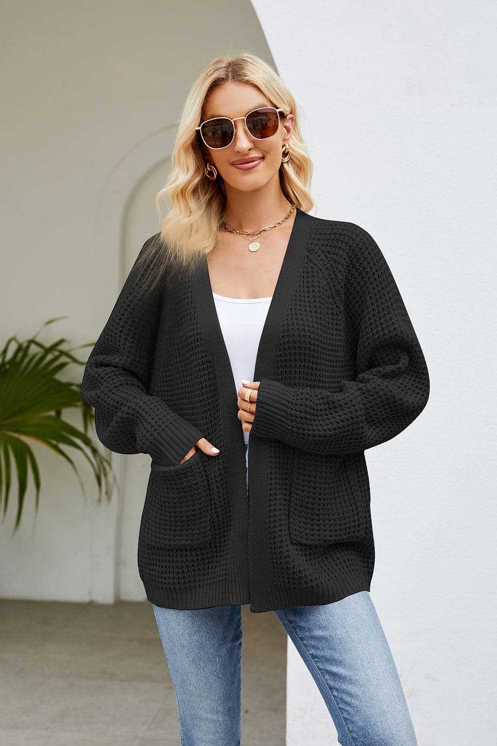 Open Front Long Sleeve Cardigan with Pockets.