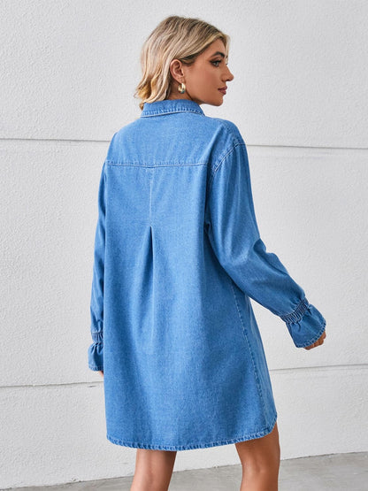 Pocketed Dropped Shoulder Mini Denim Dress.