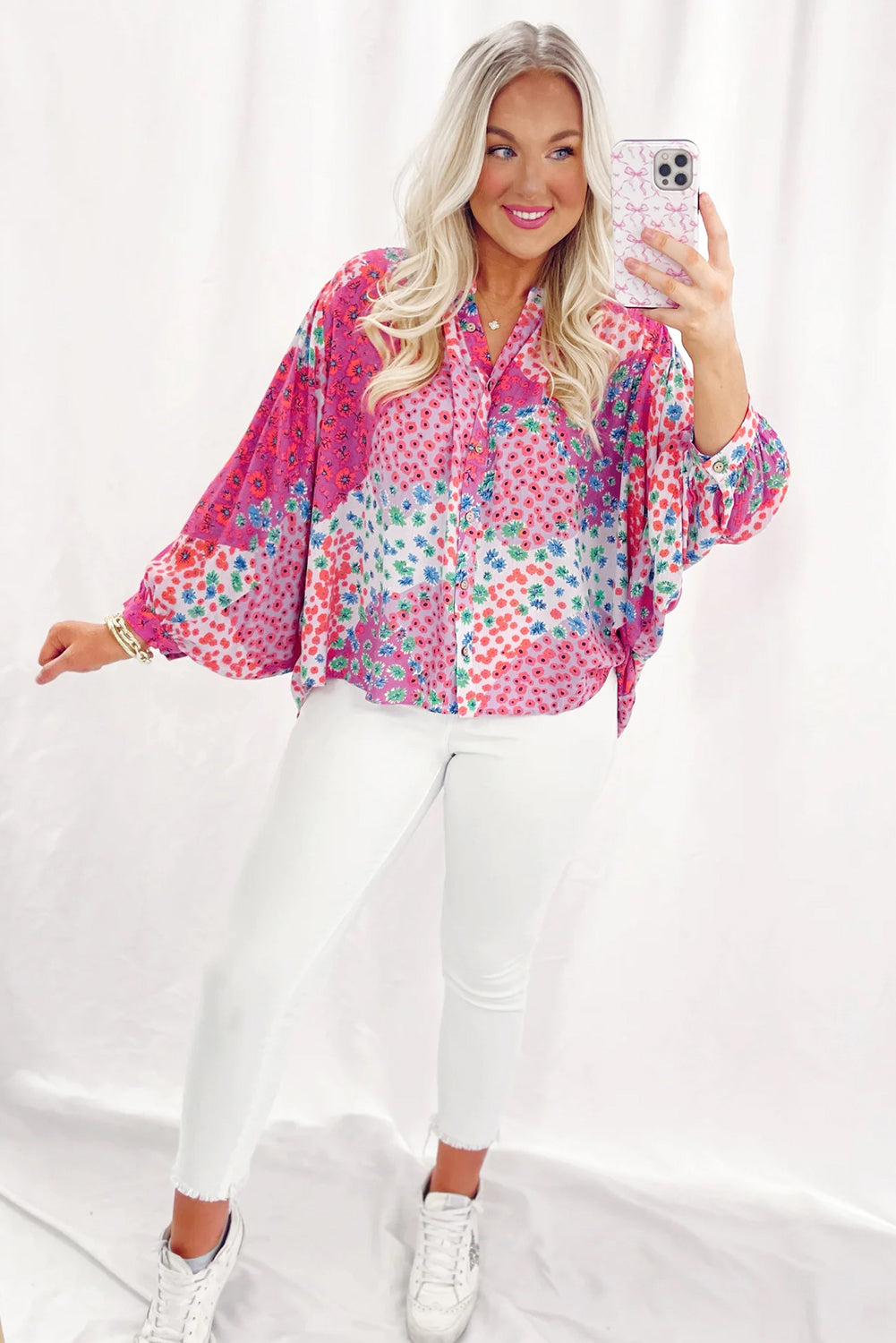 Floral elegance: Rose red oversized buttoned V-neck shirt