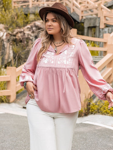 Plus Size Tie Neck Puff Sleeve Blouse.