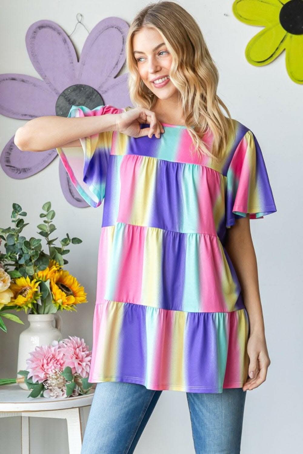 Heimish Full Size Short Sleeve Striped Tiered Top - Love Salve 