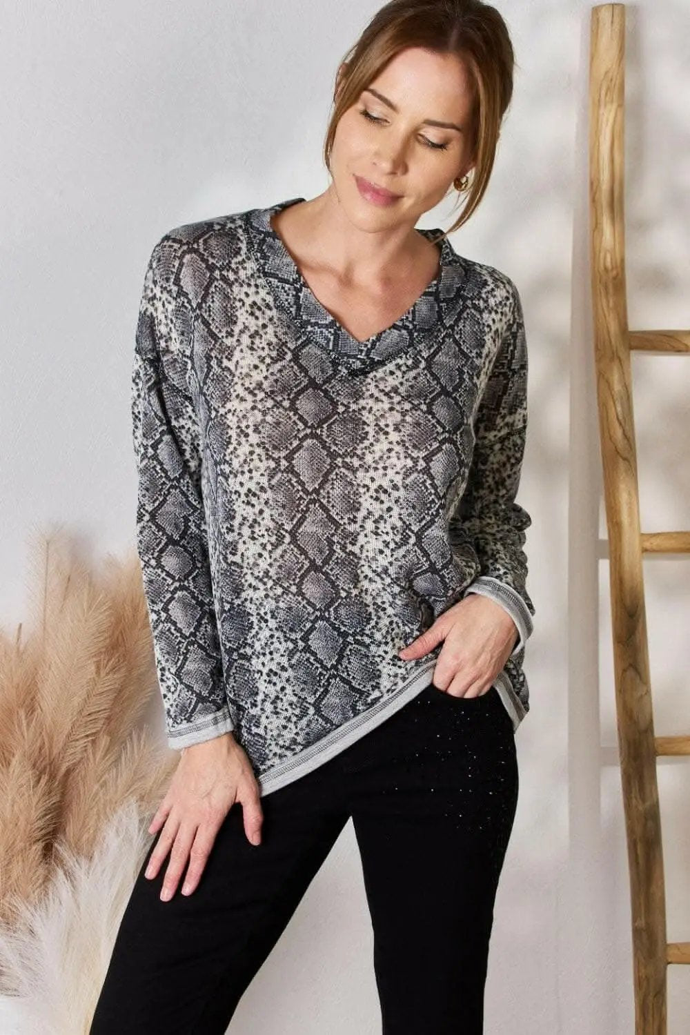 Hailey & Co Full Size Snakeskin V-Neck Long Sleeve Top - Love Salve 