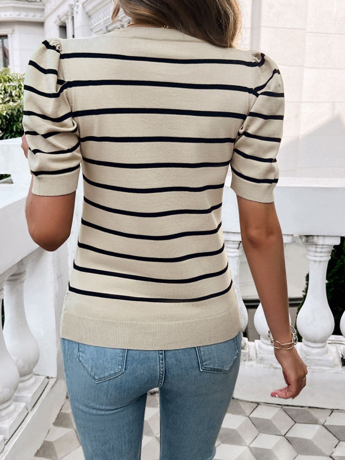 Striped Round Neck Puff Sleeve Knit Top.