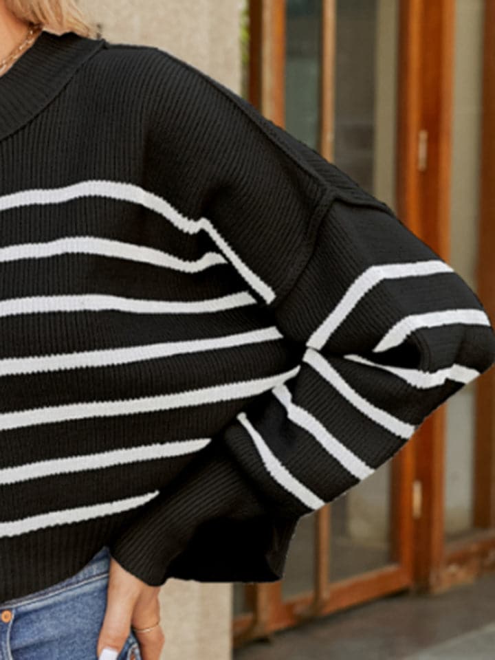 Round Neck Striped Lantern Sleeve Sweater.