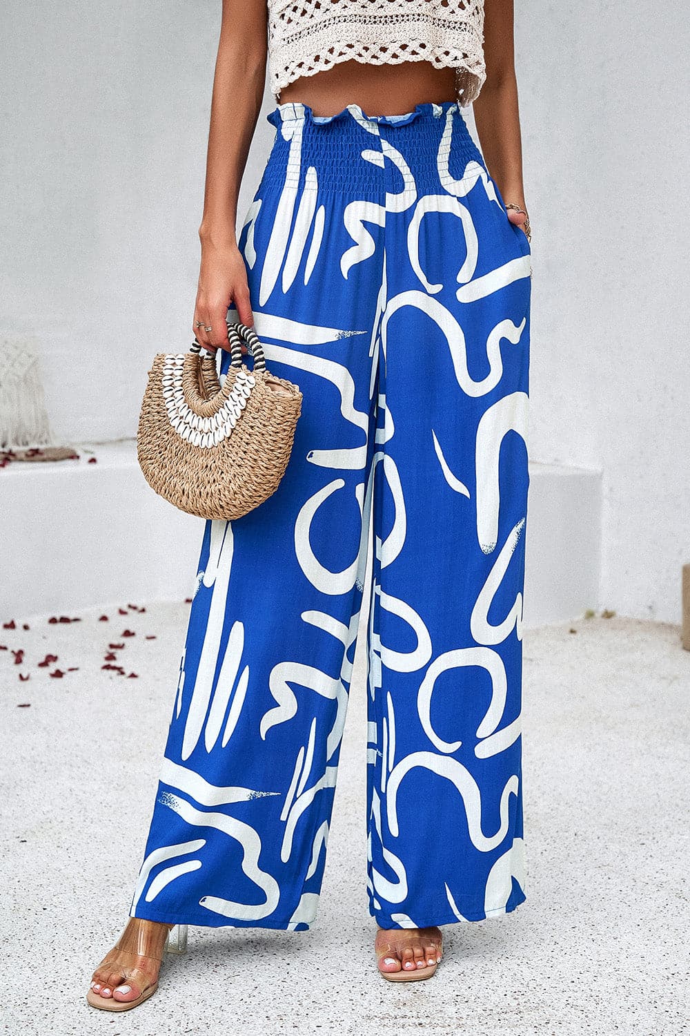 Smocked Printed Wide Leg Pants with Pockets.