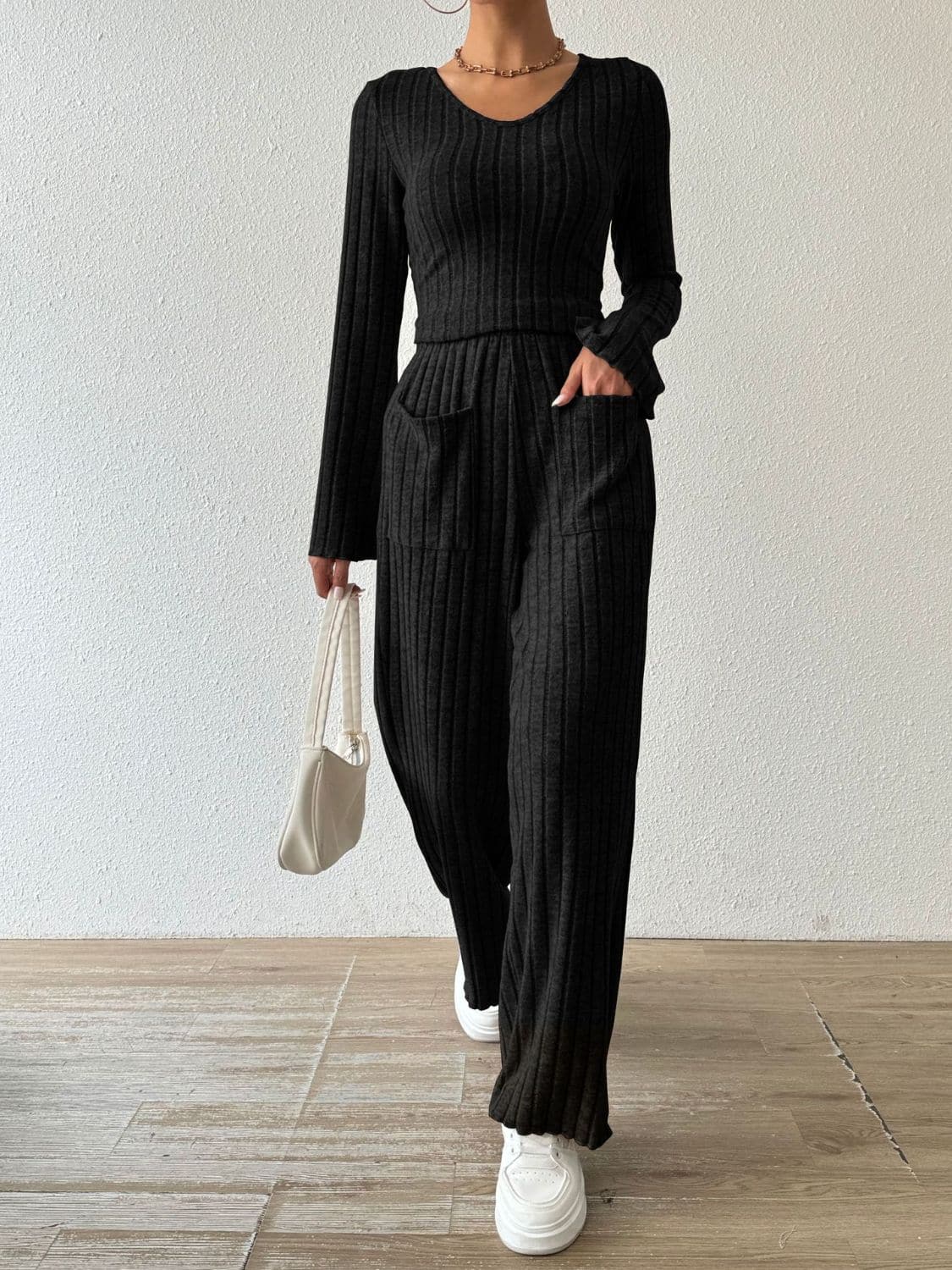 Chic ribbed V-neck long sleeve top and pocketed lounge pants set