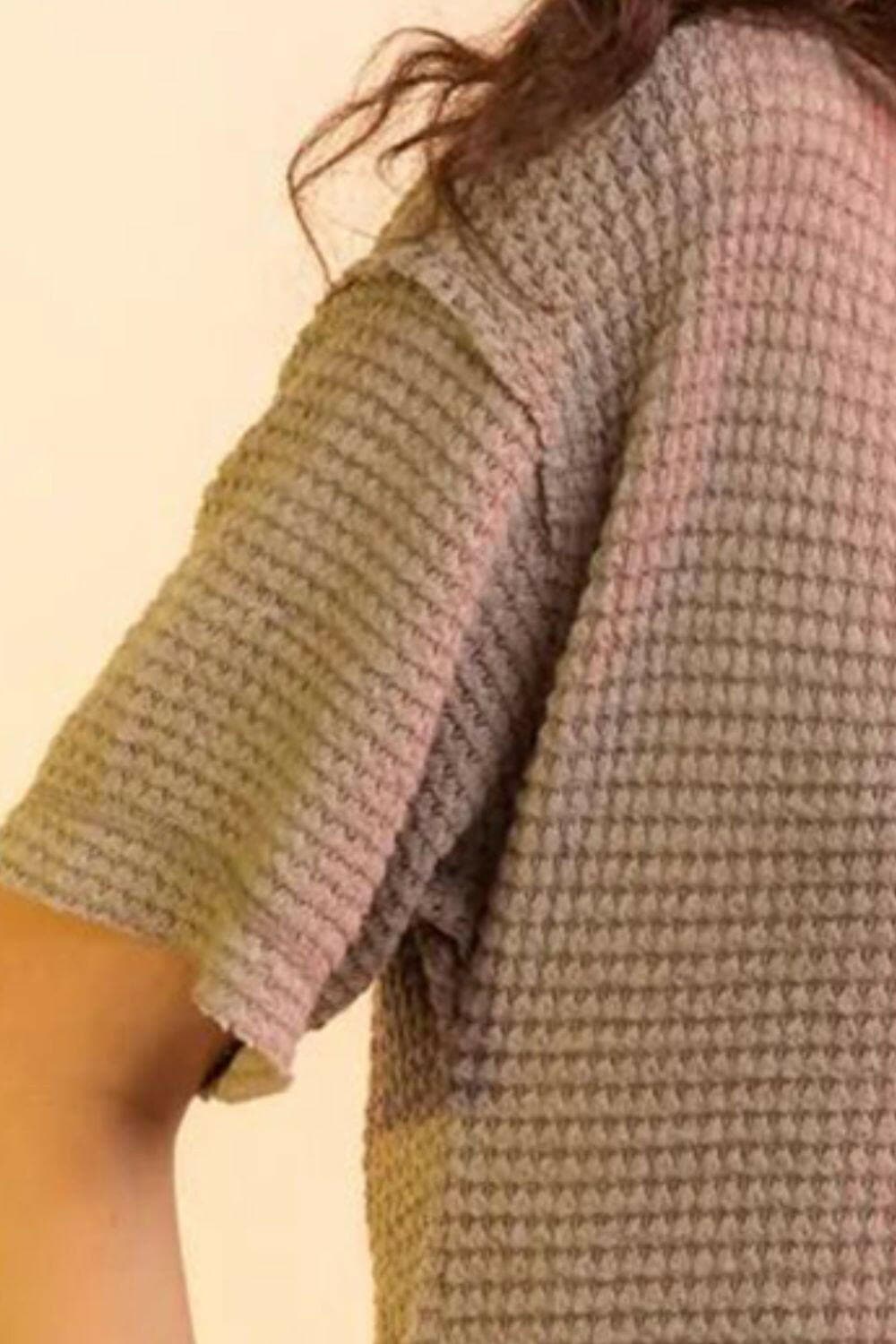 Waffle-Knit Notched Half Sleeve T-Shirt.