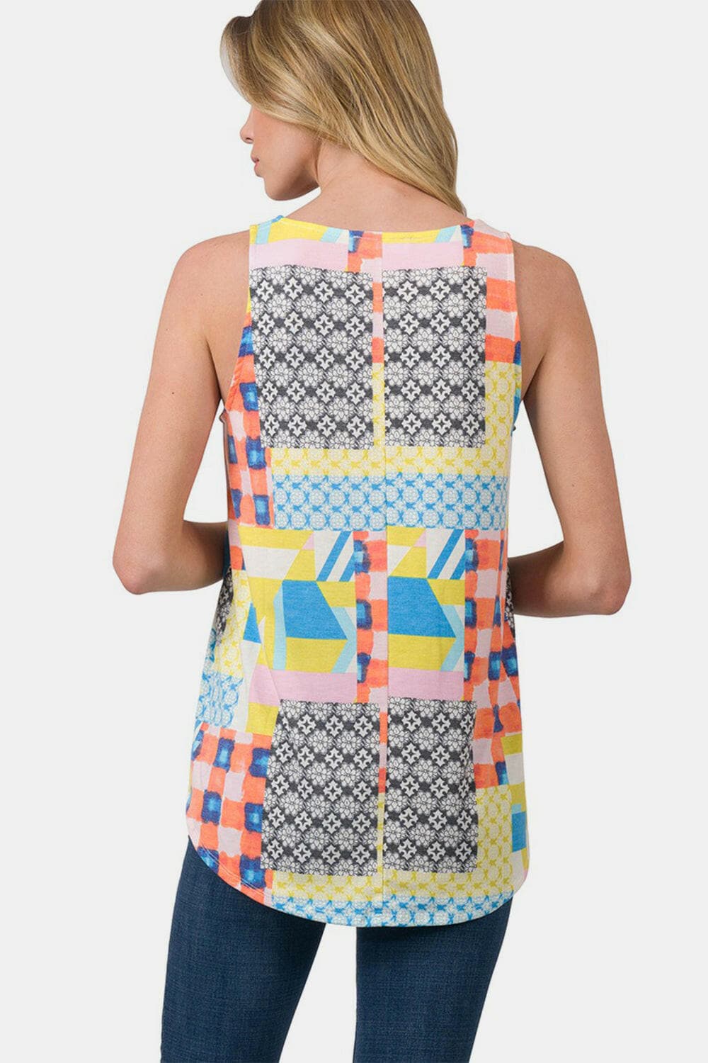 Zenana Printed Round Neck Curved Hem Tank.