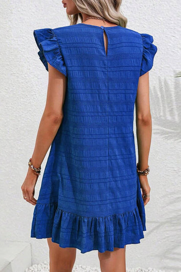 Dark Blue Textured Flutter Sleeve Ruffled Mini Dress for Summer