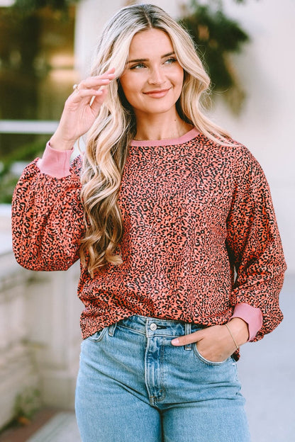 Leopard Round Neck Long Sleeve Sweatshirt.