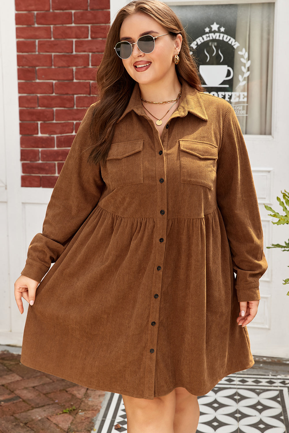 Camel Corduroy Button Down Shirt Style Plus Size Dress Dear-Lover Dropshipping