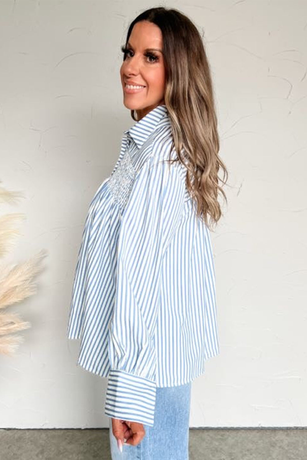 Premium Sky Blue Stripe Shirred Detail Half Placket Collared Long Sleeve Fall Shirt Dear-Lover Dropshipping