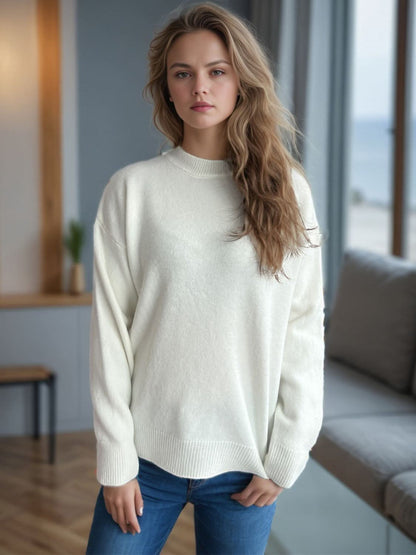 Round Neck Drop Shoulder Long Sleeve Sweater