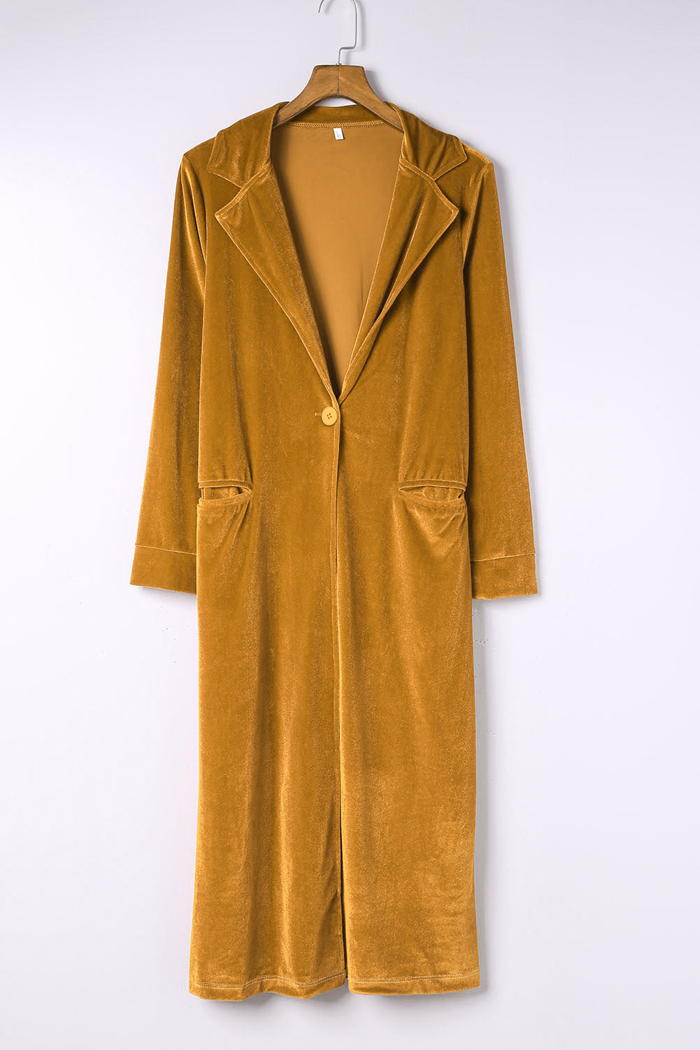 Chic yellow velvet long sleeve coat with practical pockets