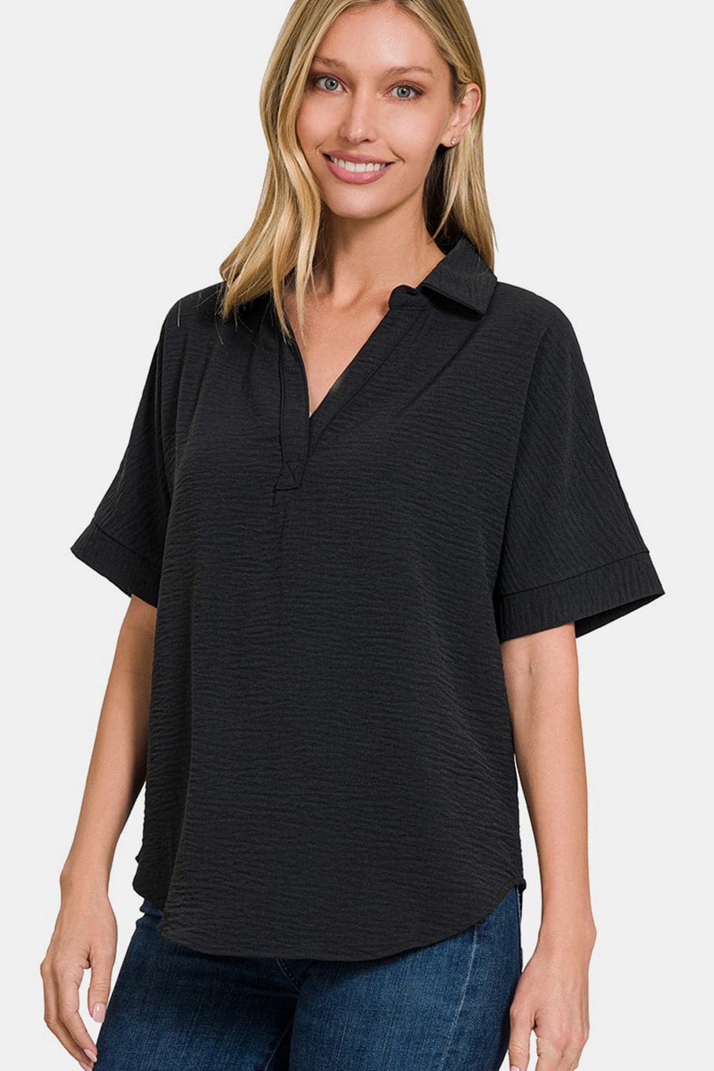 Zenana Full Size Texture Collared Neck Short Sleeve Top.