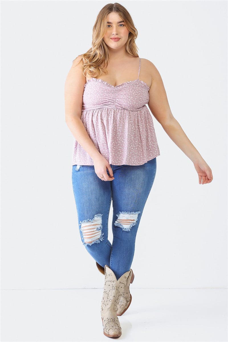 Zenobia Plus Size Frill Smocked Floral Sweetheart Neck Cami.