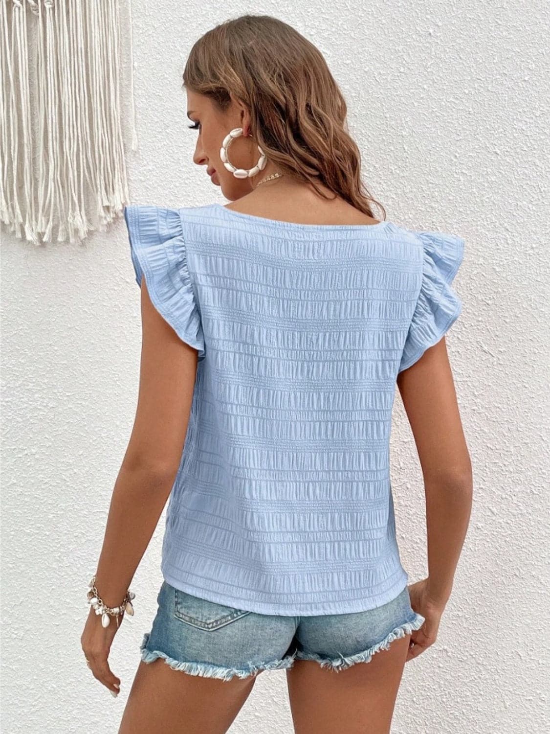 Ruffled Square Neck Cap Sleeve Blouse.