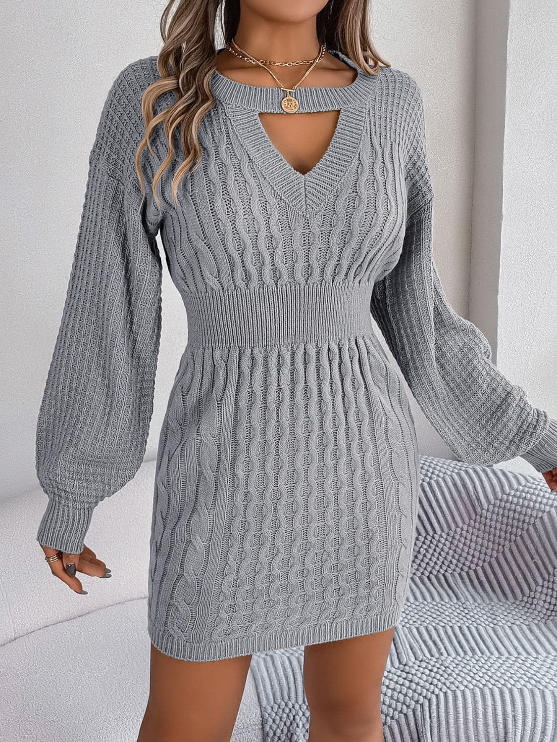 Cable-Knit Cutout Round Neck Slit Sweater Dress.