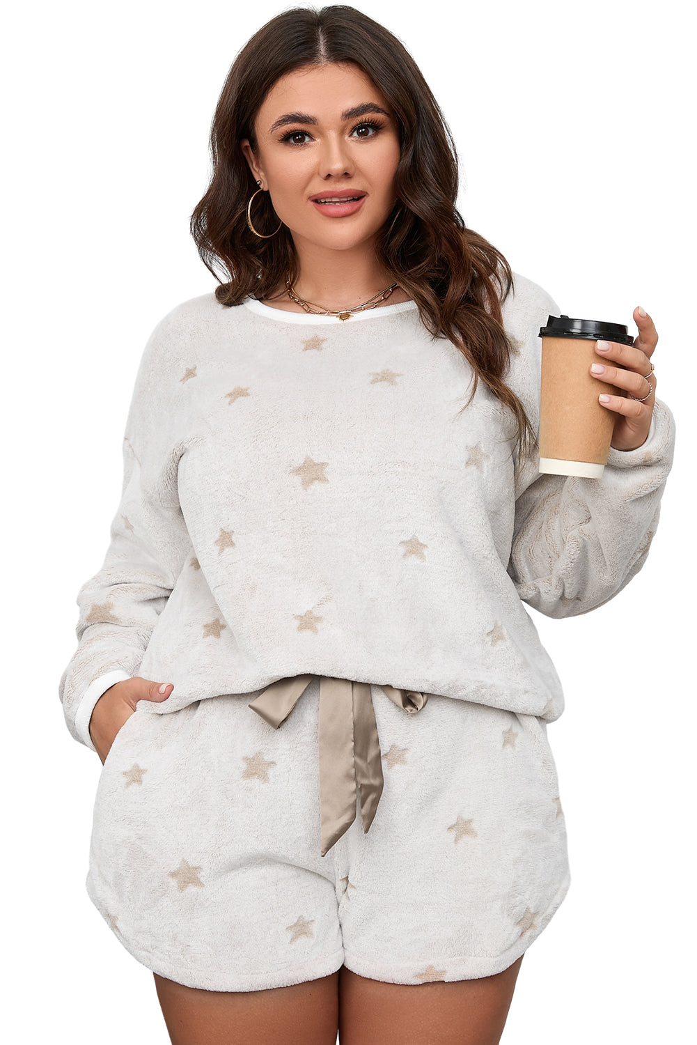 Cozy white plus size star print loungewear set