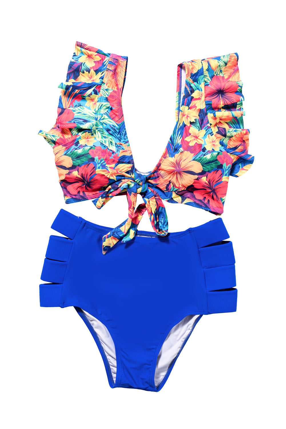 Tropical floral ruffle high waist bikini with front tie detail