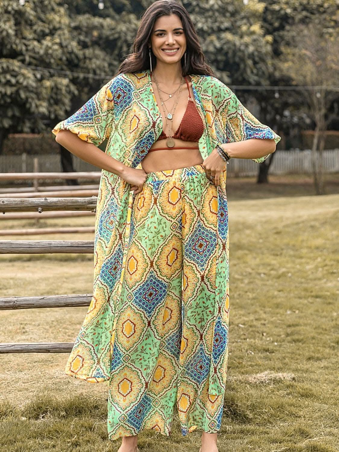 Printed Half Sleeve Top and Wide Leg Pants Set.