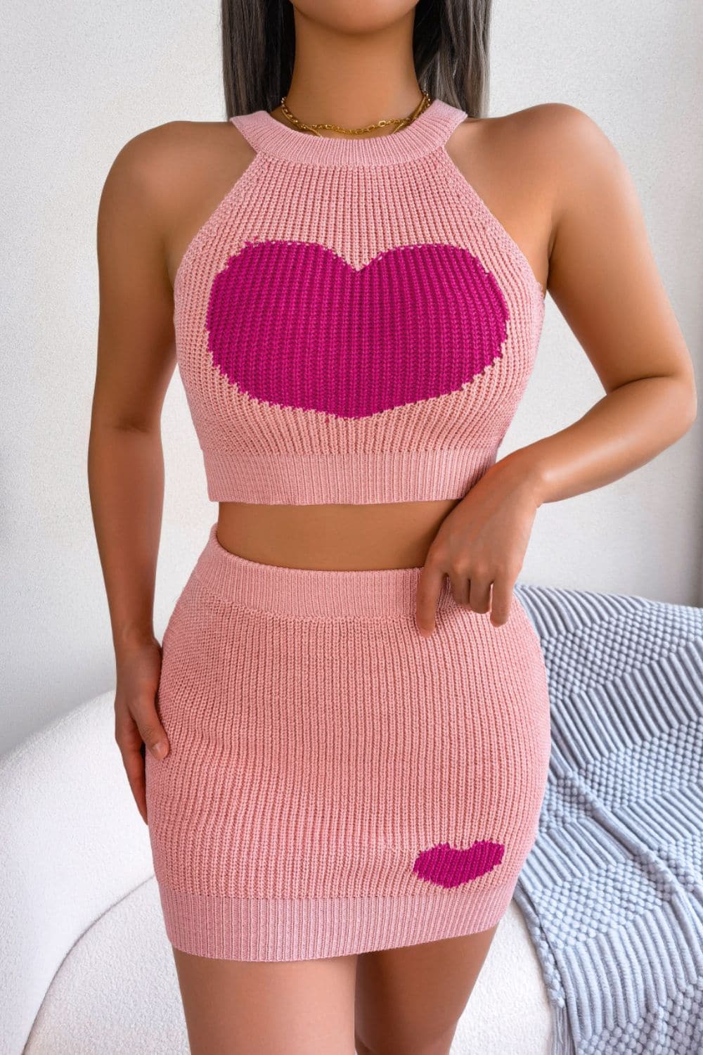 Heart Contrast Ribbed Sleeveless Knit Top and Skirt Set.