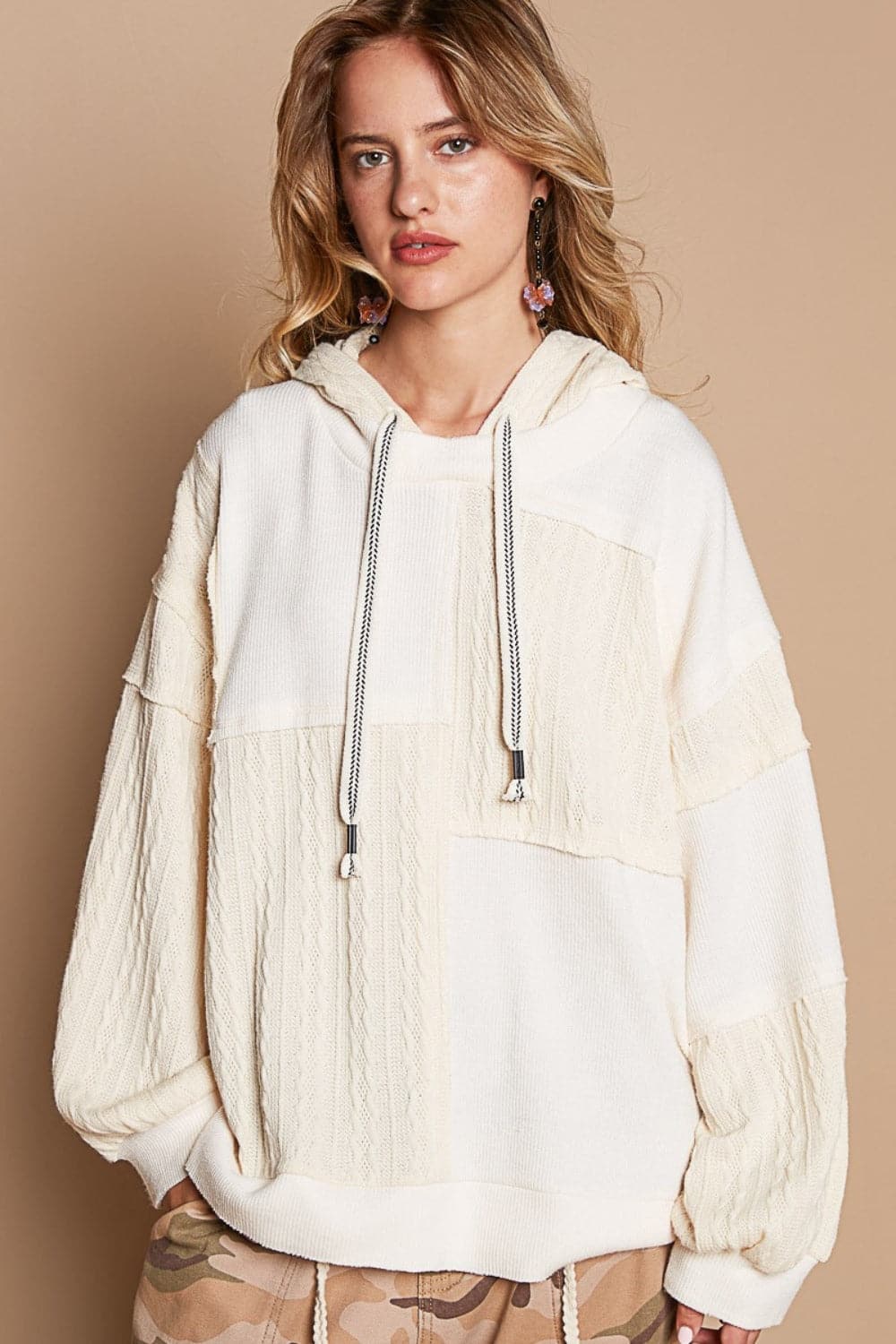 POL Exposed Seam Hooded Knit Top.