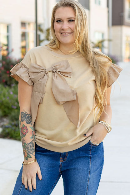 Parchment Plus Size Bowknot Applique Ruffled Short Sleeve Top