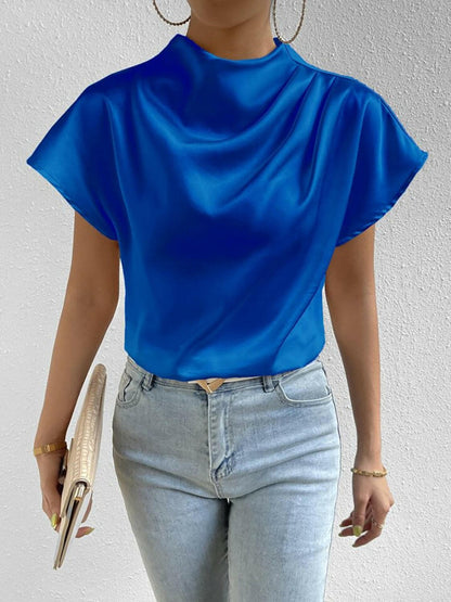 Ruched Mock Neck Short Sleeve Blouse.