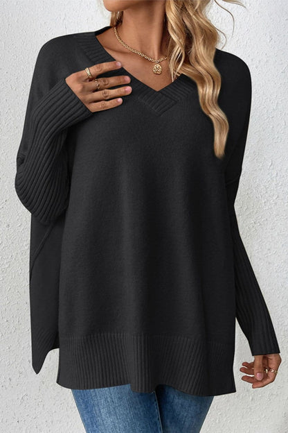 Slit V-Neck Dropped Shoulder Sweater.