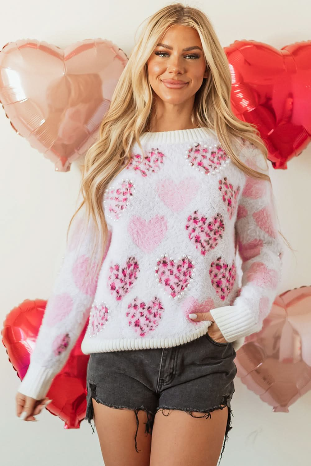 Fuzzy Pink Leopard Heart Sweater with Pearled Accents