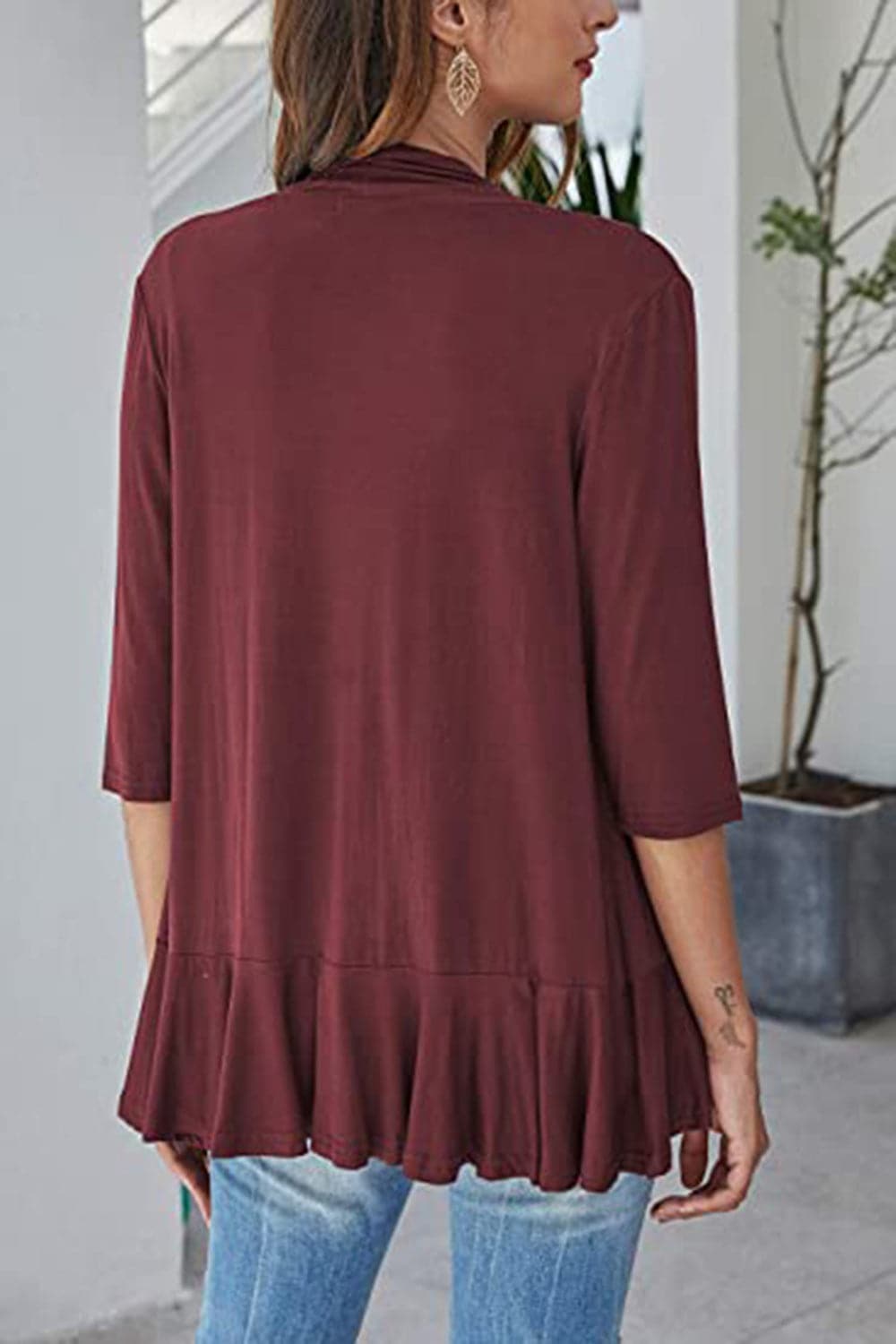 Open Front Three-Quarter Sleeve Cardigan.